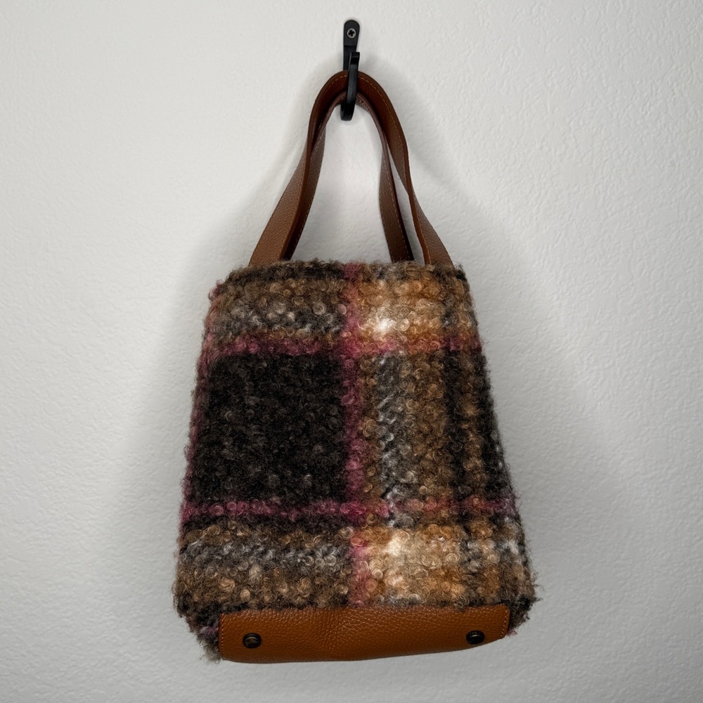 Sundance Maple Glen Teddy Plaid Bag Leather Accents Brown Pink Made in Italy